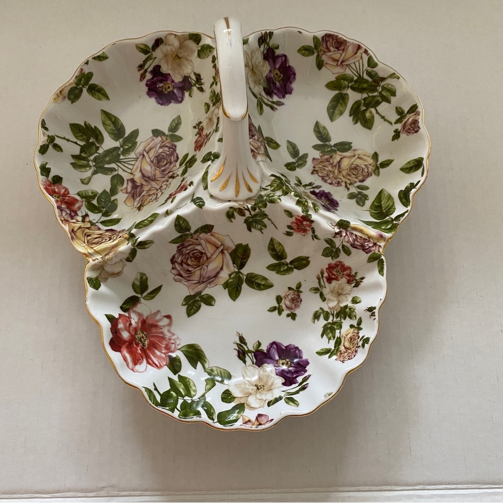 Royal Danube Floral 3 Sections Handle Gold Trim Accents China Ceramic Candy Dish